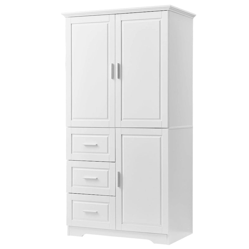 Meuble de rangement haut avec portes doubles, trois tiroirs, étagère réglable, blanc