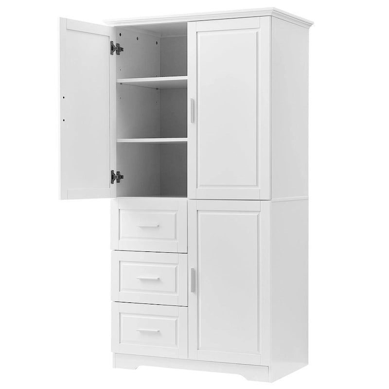 Meuble de rangement haut avec portes doubles, trois tiroirs, étagère réglable, blanc