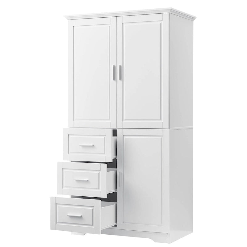 Meuble de rangement haut avec portes doubles, trois tiroirs, étagère réglable, blanc