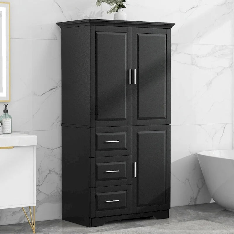 Meuble de rangement haut avec portes doubles, trois tiroirs, étagère réglable, blanc