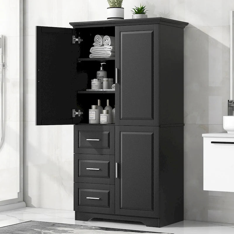 Meuble de rangement haut avec portes doubles, trois tiroirs, étagère réglable, blanc