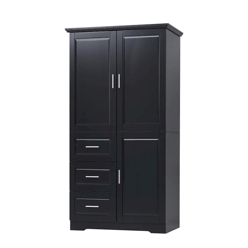 Meuble de rangement haut avec portes doubles, trois tiroirs, étagère réglable, blanc