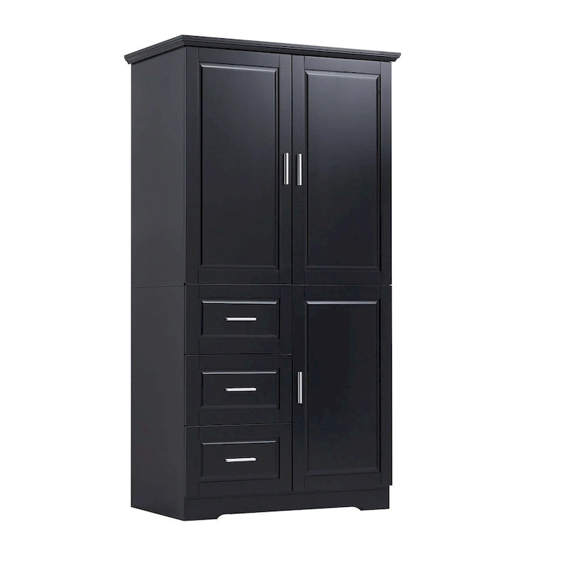 Meuble de rangement haut avec portes doubles, trois tiroirs, étagère réglable, blanc