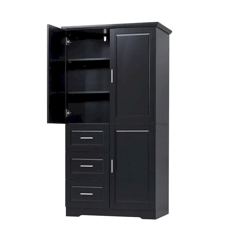 Meuble de rangement haut avec portes doubles, trois tiroirs, étagère réglable, blanc