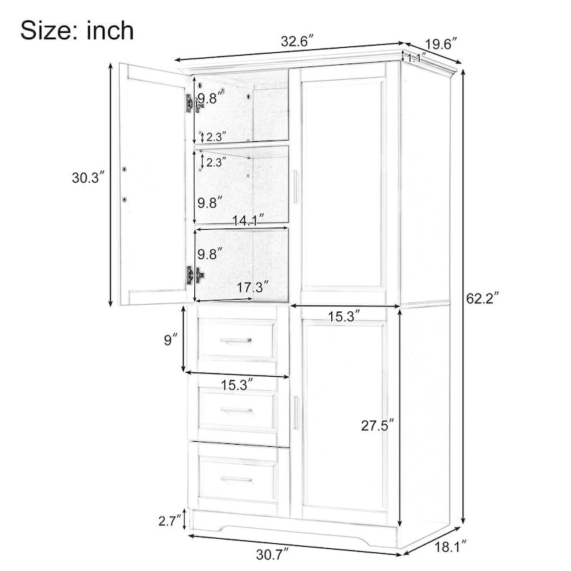 Meuble de rangement haut avec portes doubles, trois tiroirs, étagère réglable, blanc