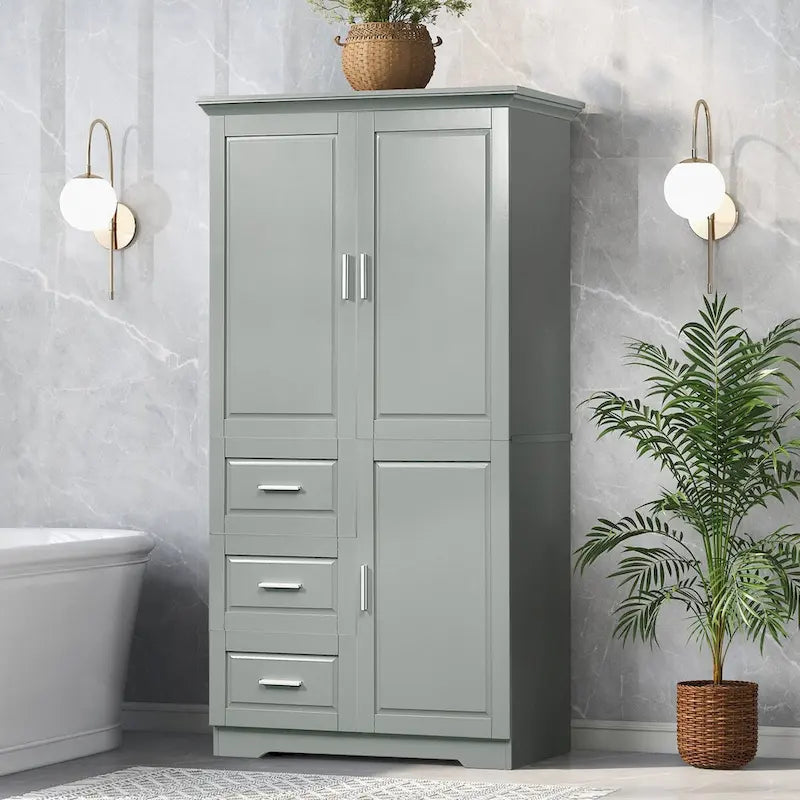 Meuble de rangement haut avec portes doubles, trois tiroirs, étagère réglable, blanc