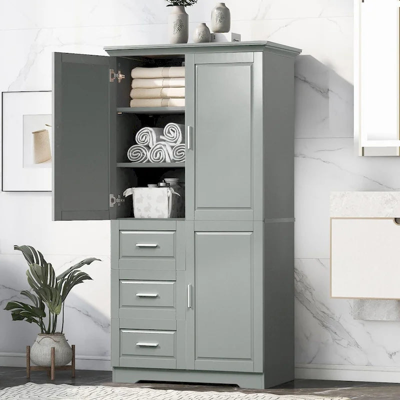 Meuble de rangement haut avec portes doubles, trois tiroirs, étagère réglable, blanc