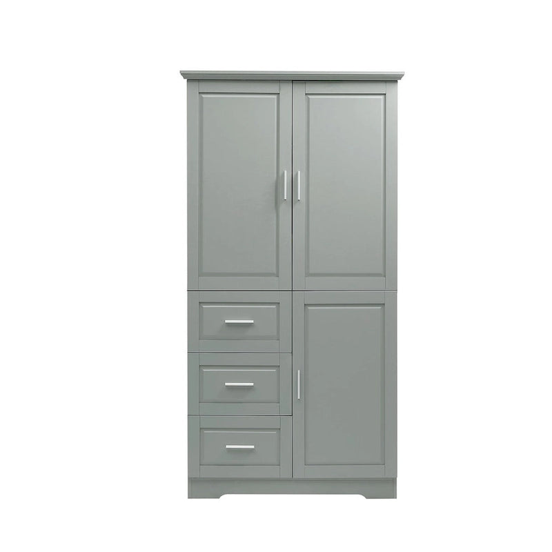 Meuble de rangement haut avec portes doubles, trois tiroirs, étagère réglable, blanc