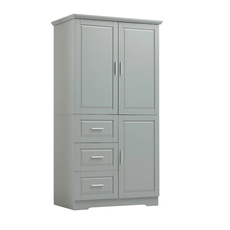 Meuble de rangement haut avec portes doubles, trois tiroirs, étagère réglable, blanc