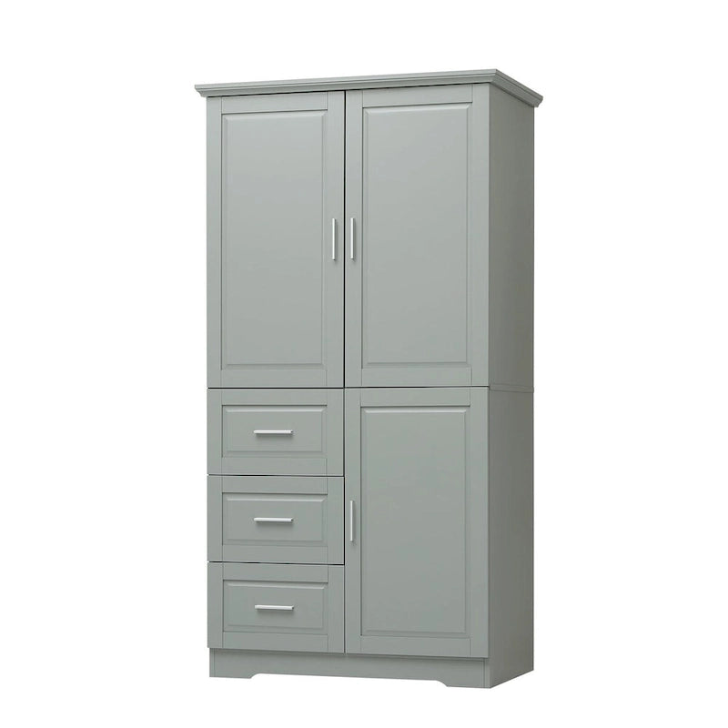 Meuble de rangement haut avec portes doubles, trois tiroirs, étagère réglable, blanc