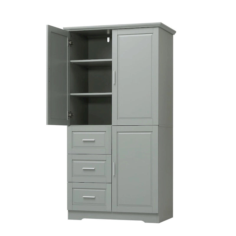 Meuble de rangement haut avec portes doubles, trois tiroirs, étagère réglable, blanc