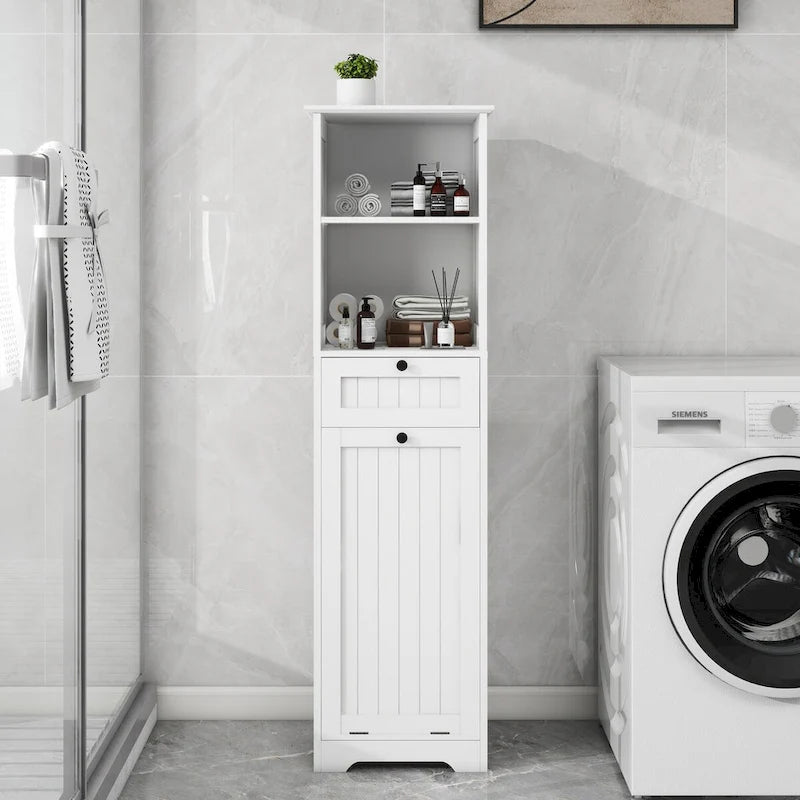 Meuble de tri de linge inclinable blanc et étroit avec étagères ouvertes et tiroir
