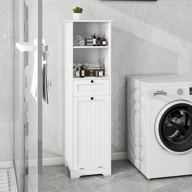 Meuble de tri de linge inclinable blanc et étroit avec étagères ouvertes et tiroir