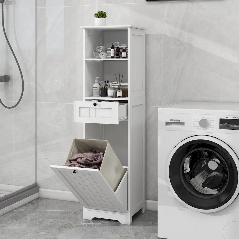 Meuble de tri de linge inclinable blanc et étroit avec étagères ouvertes et tiroir
