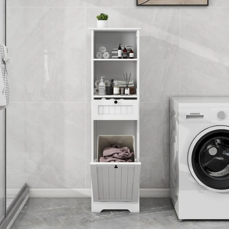 Meuble de tri de linge inclinable blanc et étroit avec étagères ouvertes et tiroir