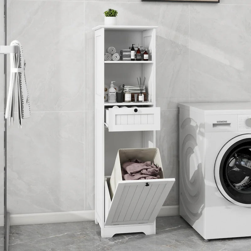 Meuble de tri de linge inclinable blanc et étroit avec étagères ouvertes et tiroir