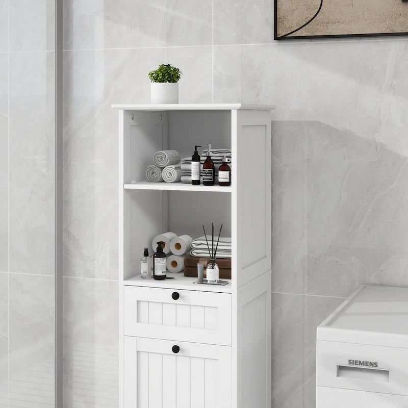 Meuble de tri de linge inclinable blanc et étroit avec étagères ouvertes et tiroir