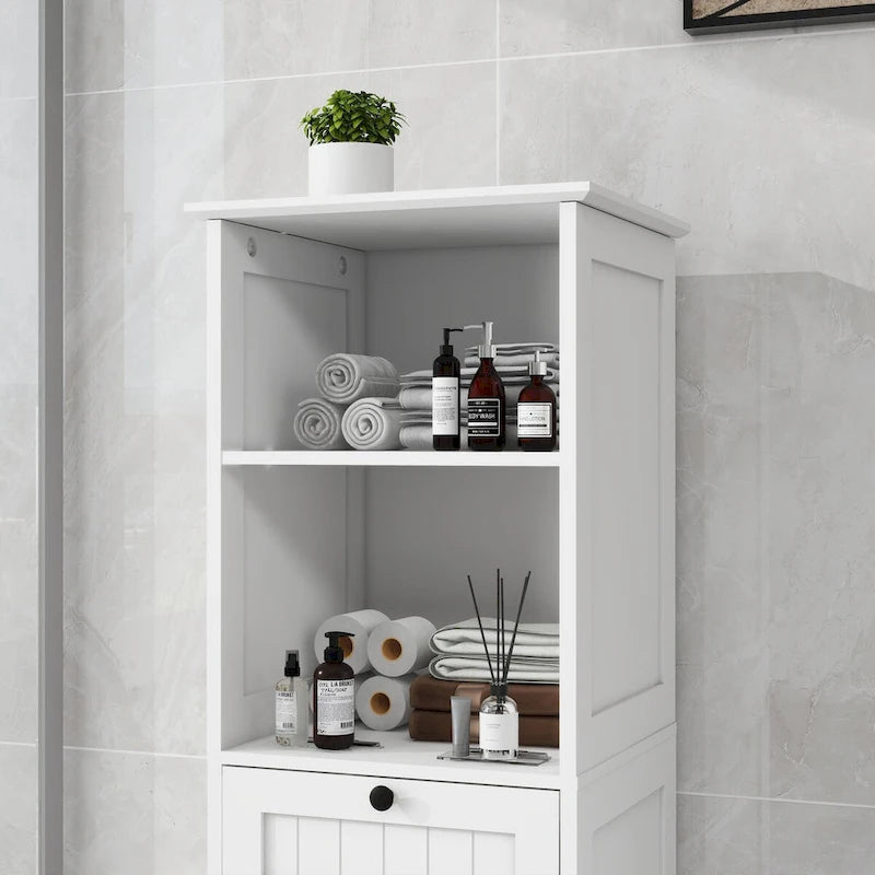 Meuble de tri de linge inclinable blanc et étroit avec étagères ouvertes et tiroir