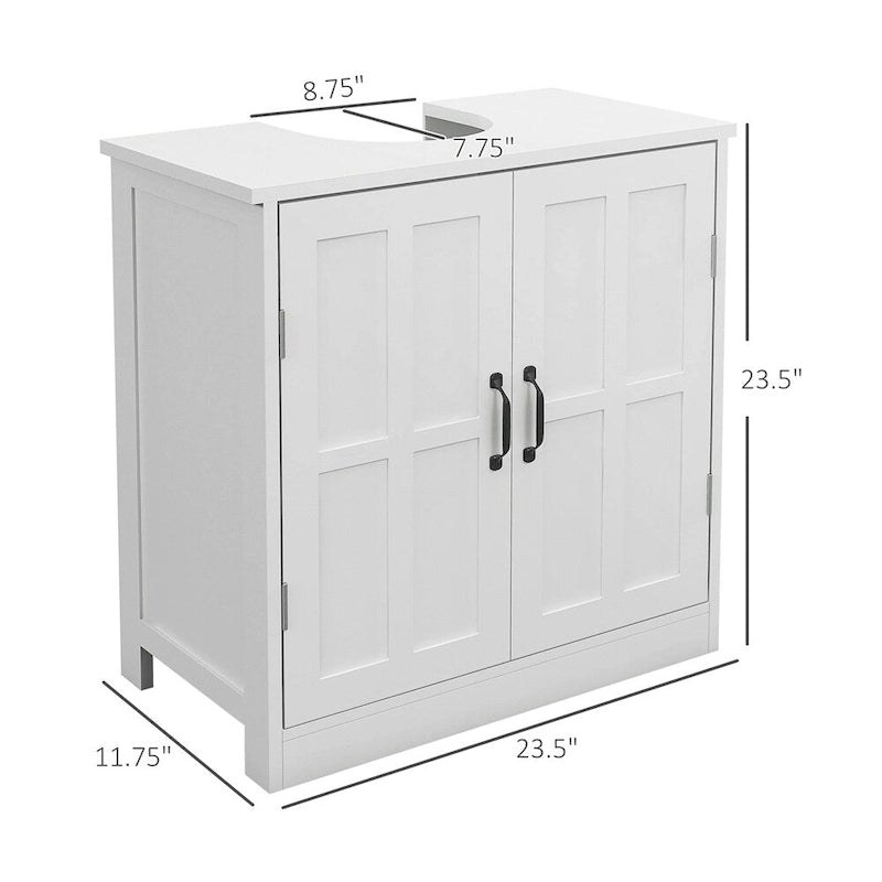 Meuble sous-évier blanc à double porte avec étagère réglable et poignées métalliques
