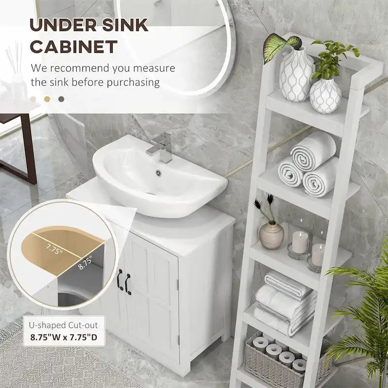 Meuble sous-évier blanc à double porte avec étagère réglable et poignées métalliques