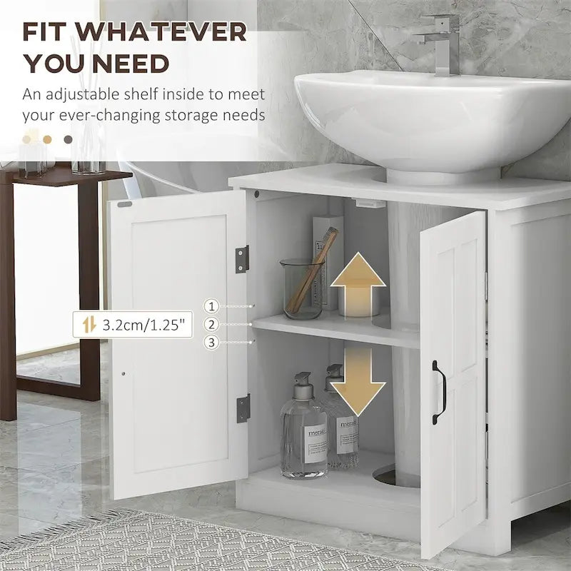 Meuble sous-évier blanc à double porte avec étagère réglable et poignées métalliques