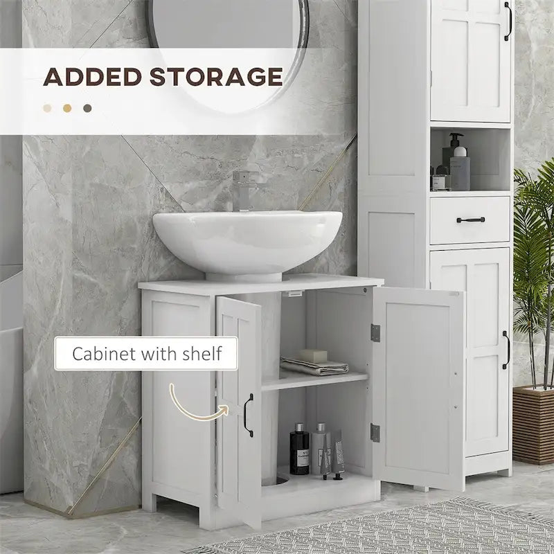 Meuble sous-évier blanc à double porte avec étagère réglable et poignées métalliques