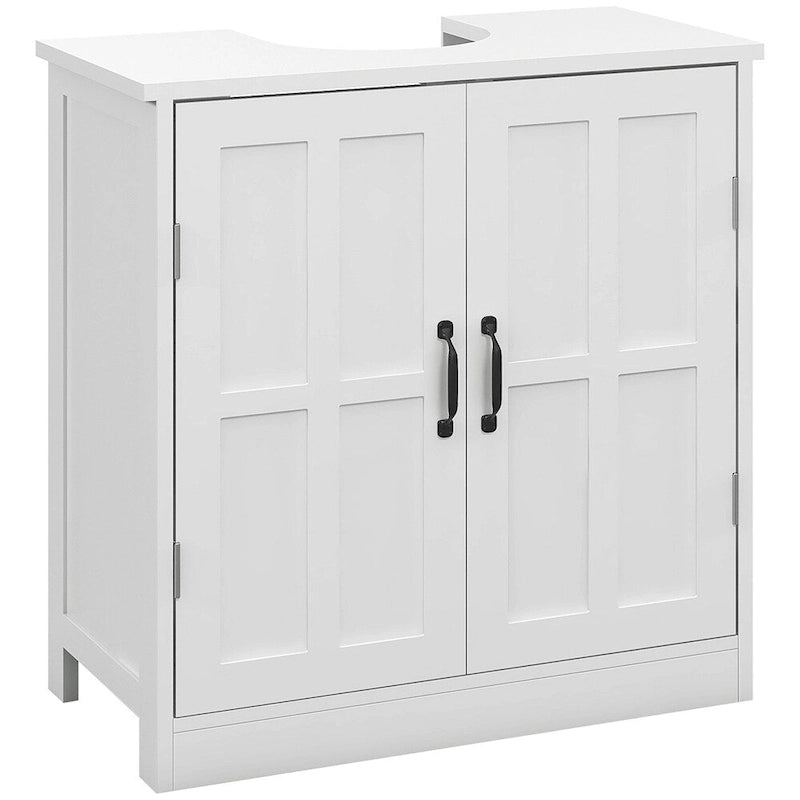 Meuble sous-évier blanc à double porte avec étagère réglable et poignées métalliques