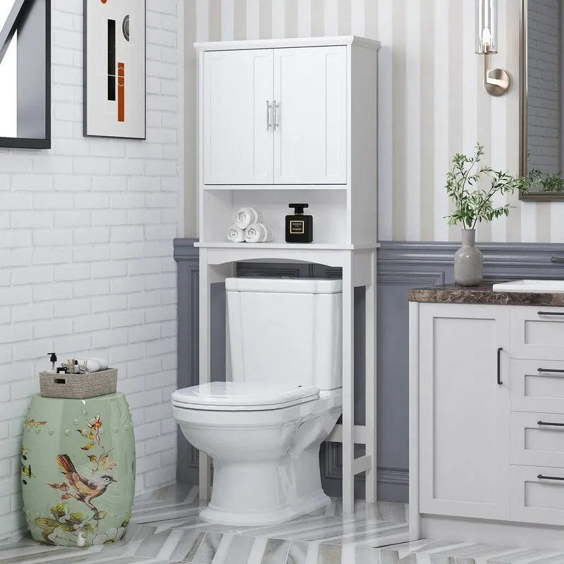 Meuble de rangement blanc à poser au-dessus des toilettes avec portes doubles et étagère ouverte