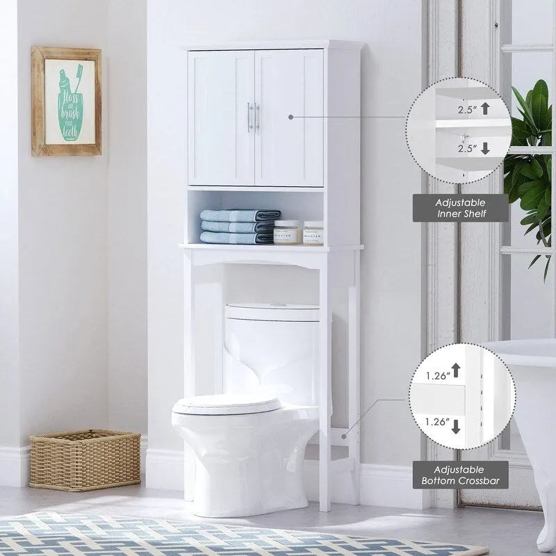 Meuble de rangement blanc à poser au-dessus des toilettes avec portes doubles et étagère ouverte