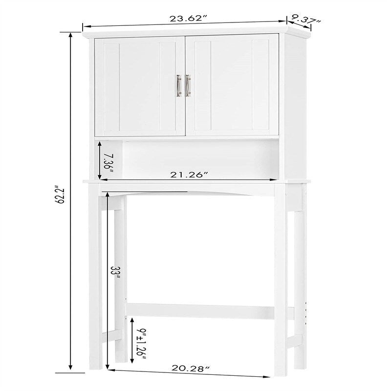 Meuble de rangement blanc à poser au-dessus des toilettes avec portes doubles et étagère ouverte