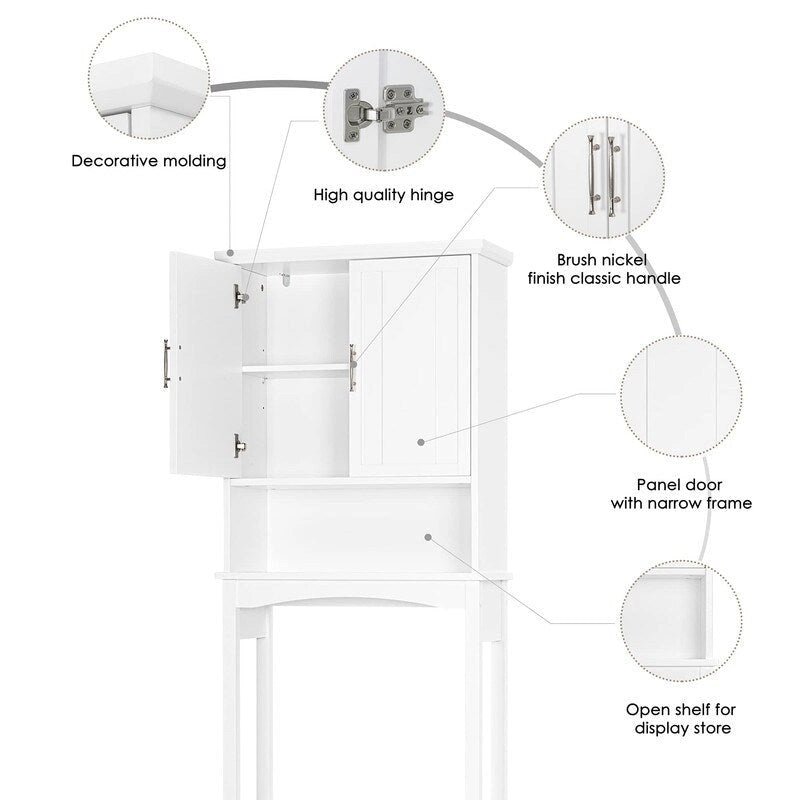 Meuble de rangement blanc à poser au-dessus des toilettes avec portes doubles et étagère ouverte