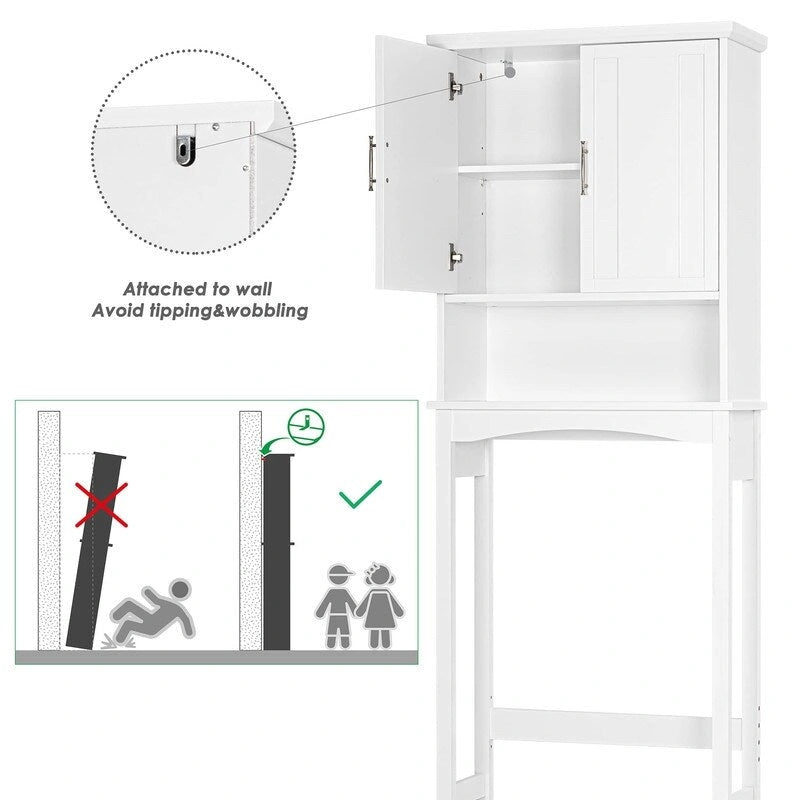 Meuble de rangement blanc à poser au-dessus des toilettes avec portes doubles et étagère ouverte
