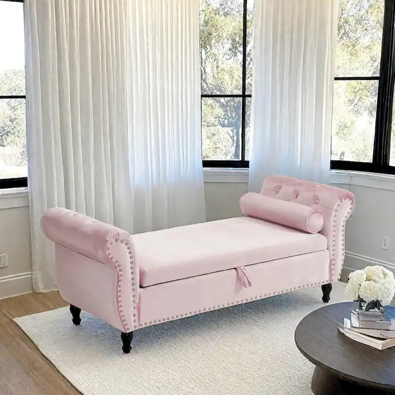 Banc de rangement ottoman en velours avec accoudoirs roulés et garniture cloutée beige