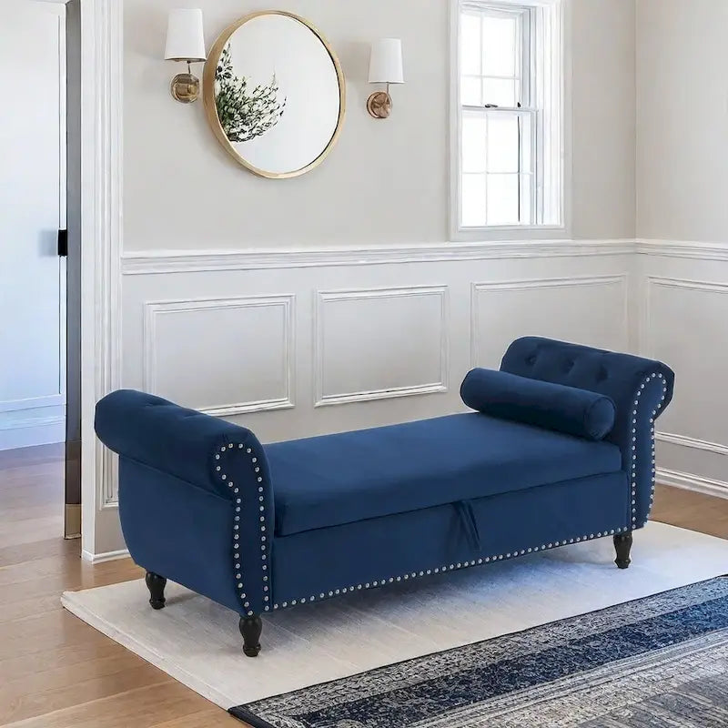 Banc de rangement ottoman en velours avec accoudoirs roulés et garniture cloutée beige