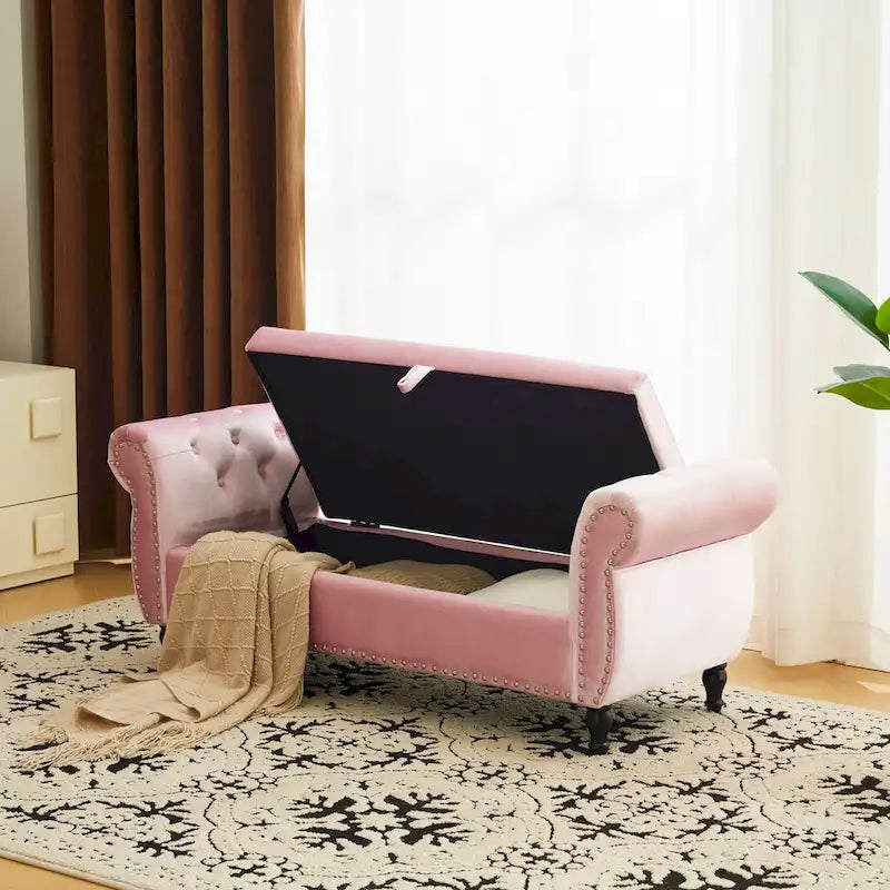 Banc de rangement ottoman en velours avec accoudoirs roulés et garniture cloutée beige