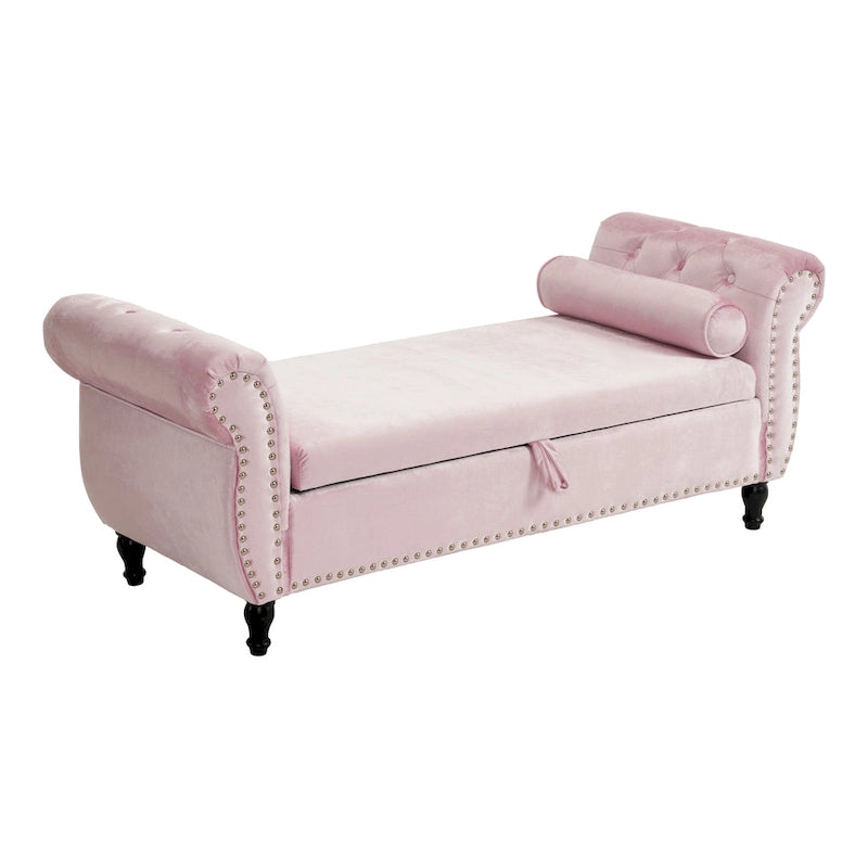 Banc de rangement ottoman en velours avec accoudoirs roulés et garniture cloutée beige