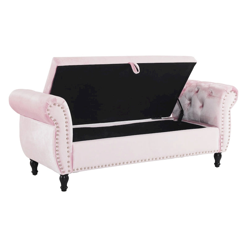 Banc de rangement ottoman en velours avec accoudoirs roulés et garniture cloutée beige