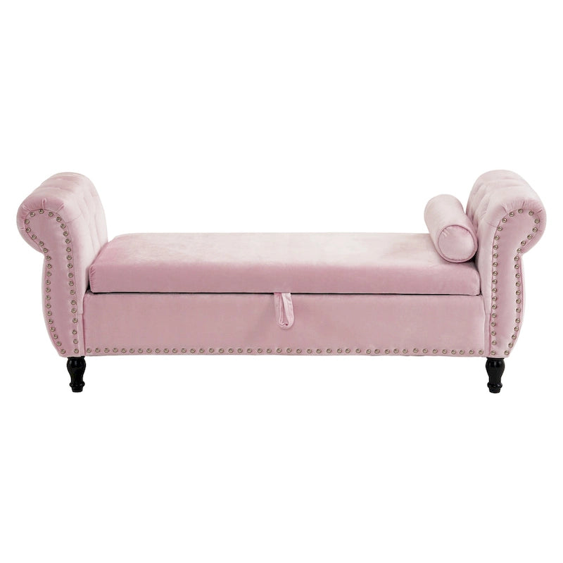 Banc de rangement ottoman en velours avec accoudoirs roulés et garniture cloutée beige