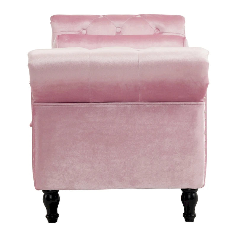 Banc de rangement ottoman en velours avec accoudoirs roulés et garniture cloutée beige