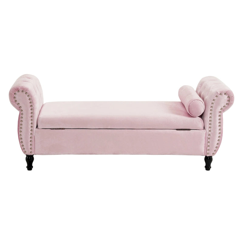 Banc de rangement ottoman en velours avec accoudoirs roulés et garniture cloutée beige