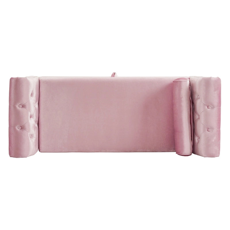 Banc de rangement ottoman en velours avec accoudoirs roulés et garniture cloutée beige
