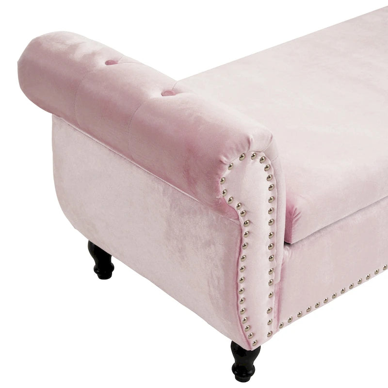Banc de rangement ottoman en velours avec accoudoirs roulés et garniture cloutée beige