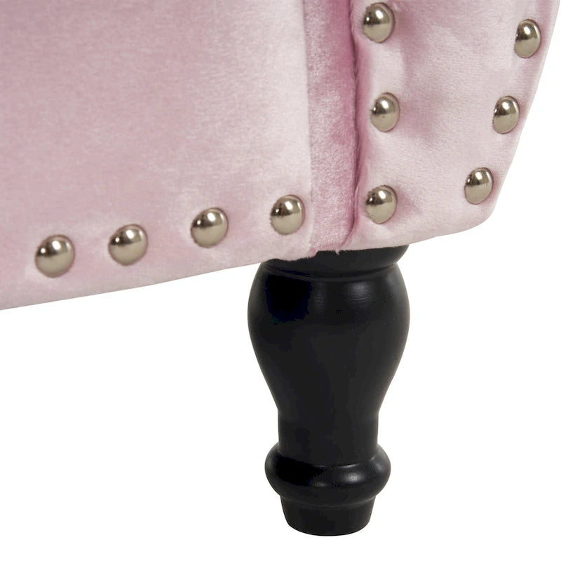 Banc de rangement ottoman en velours avec accoudoirs roulés et garniture cloutée beige