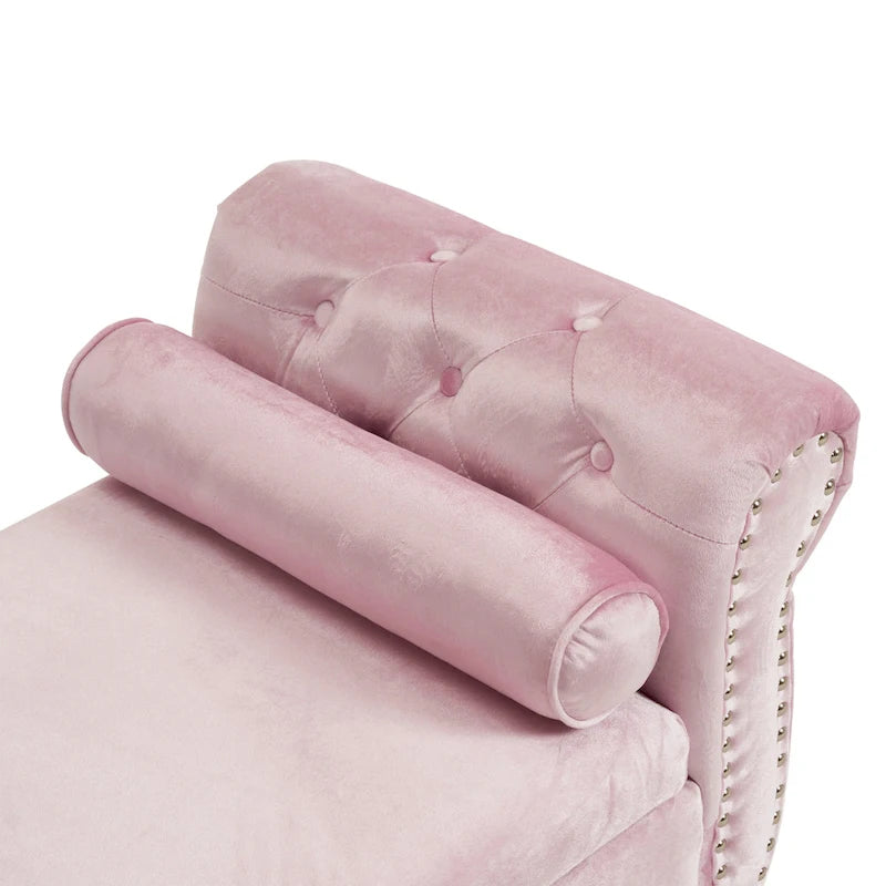 Banc de rangement ottoman en velours avec accoudoirs roulés et garniture cloutée beige