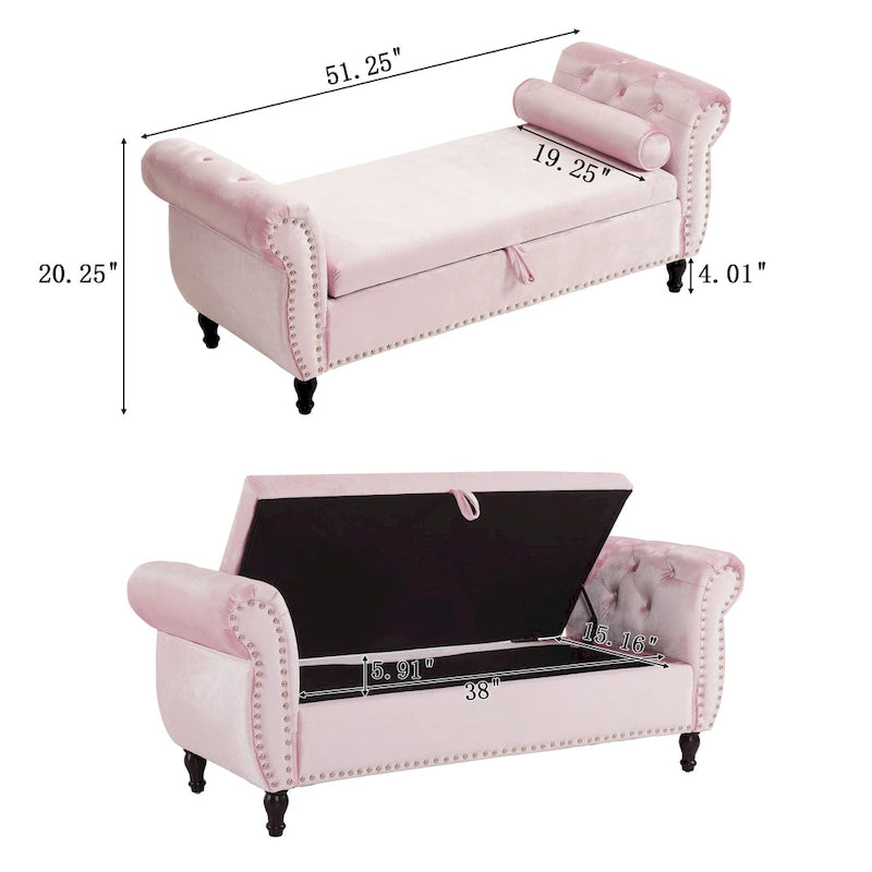 Banc de rangement ottoman en velours avec accoudoirs roulés et garniture cloutée beige