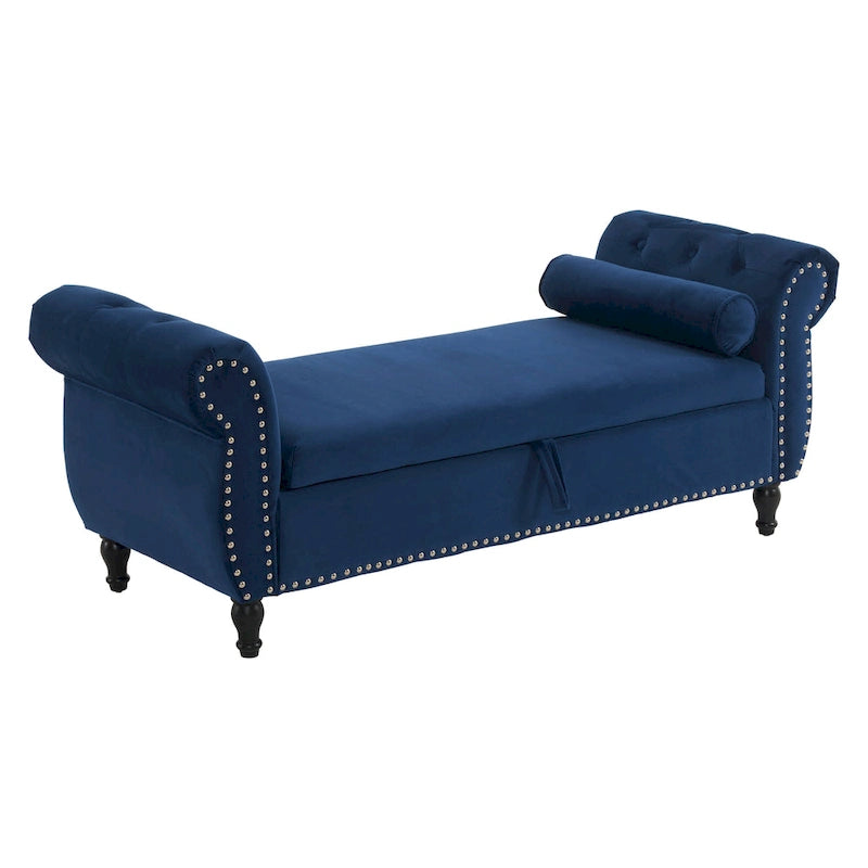 Banc de rangement ottoman en velours avec accoudoirs roulés et garniture cloutée beige
