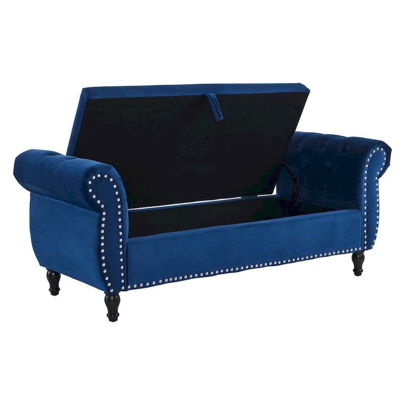 Banc de rangement ottoman en velours avec accoudoirs roulés et garniture cloutée beige