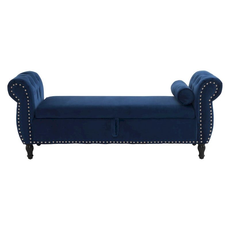 Banc de rangement ottoman en velours avec accoudoirs roulés et garniture cloutée beige