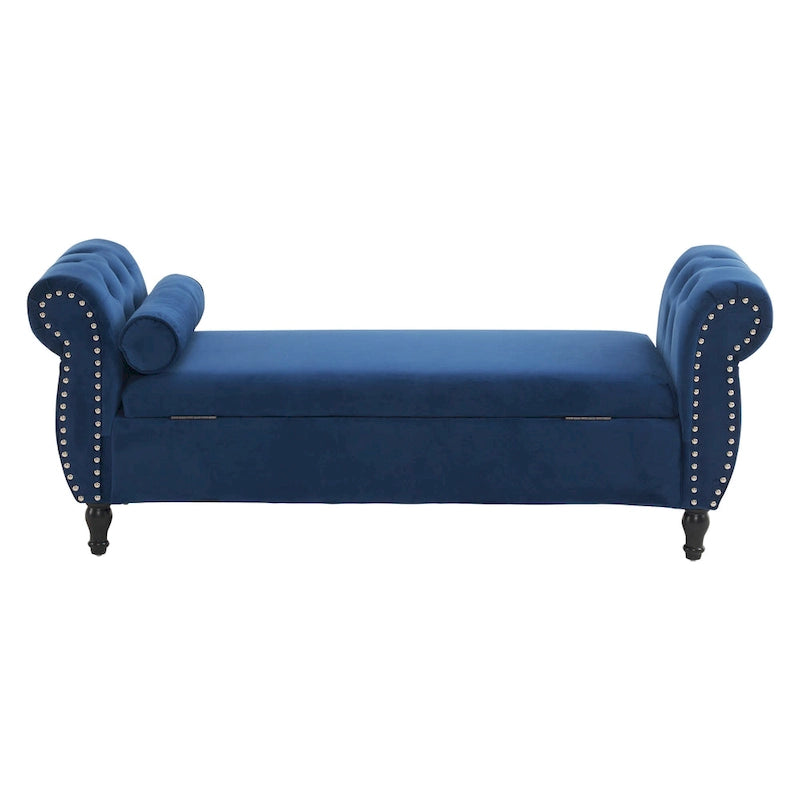 Banc de rangement ottoman en velours avec accoudoirs roulés et garniture cloutée beige