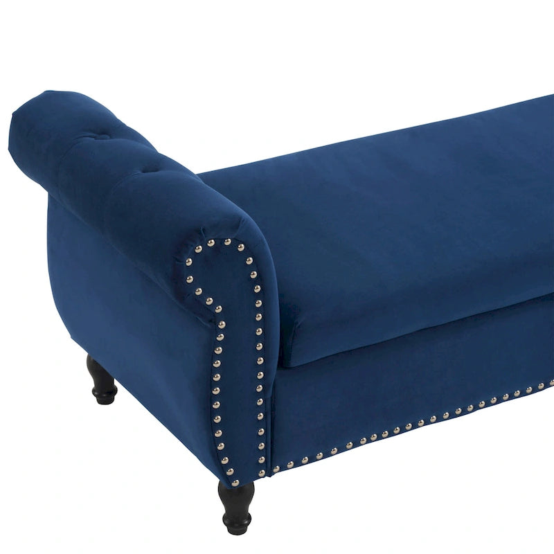 Banc de rangement ottoman en velours avec accoudoirs roulés et garniture cloutée beige